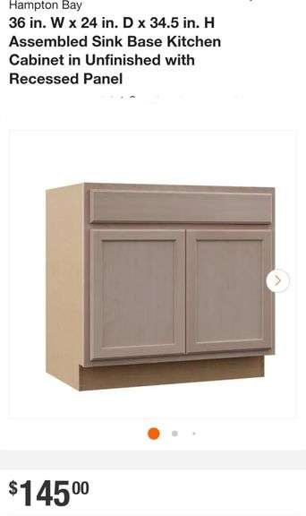 Hampton Bay

36 in. W x 24 in. D x 34.5 in. H Assembled Sink Base Kitchen Cabinet in Unfinished with Recessed Panel