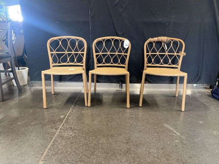 3 Threshold Stacking Patio Chairs (one has some damage) see photos