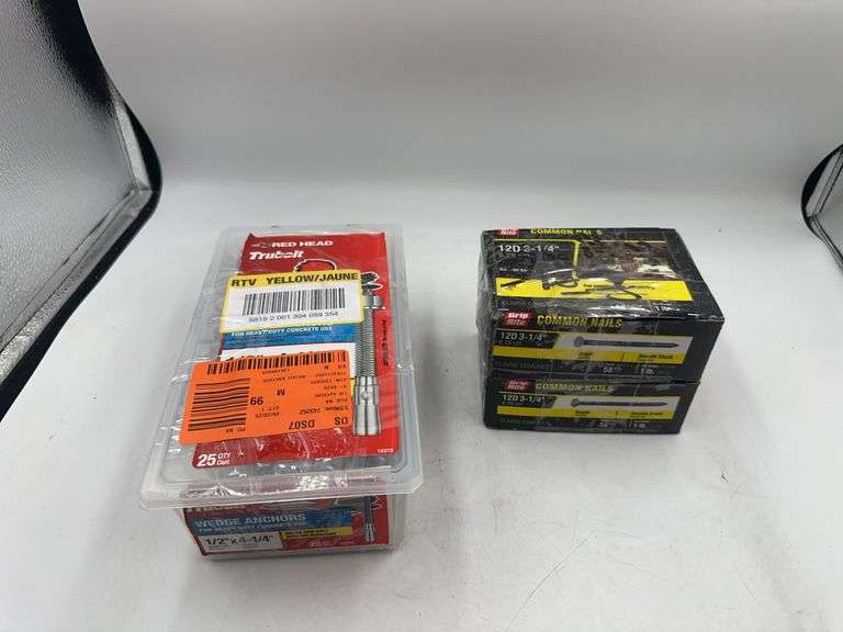 Red Head 1/2 in. x 4-1/4 in. Zinc-Plated Steel Hex Nut-Head Concrete Wedge Anchors (25-Pack) and (2) Grip-rite 12d 3-1/4 In. Common Bright Steel Nail Flat Head 1 Lb (58pcs)
