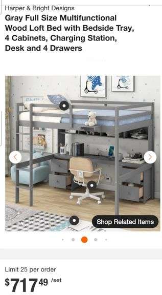 Harper & Bright Designs Gray Full Size Multifunctional Wood Loft Bed with Bedside Tray, 4 Cabinets, Charging Station, Desk and 4 Drawers