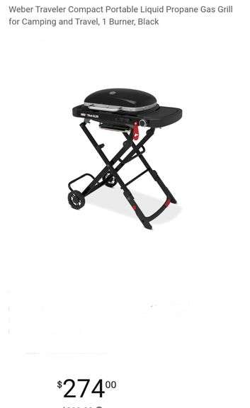 Weber Traveler Compact Portable Liquid Propane Gas Grill for Camping and Travel, 1 Burner, Black
