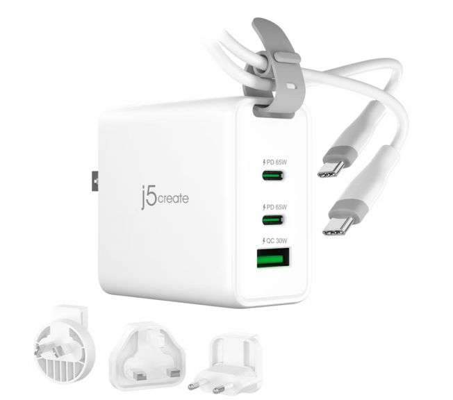 j5create 65W GaN USB-C 3-Port Traveler Charger with Changeable AC Plugs and USB-C Cable: Outlet Adapter for Travel
