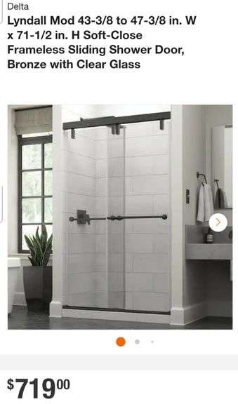 Delta
Lyndall Mod 43-3/8 to 47-3/8 in. W x 71-1/2 in. H Soft-Close Frameless Sliding Shower Door, Bronze with Clear Glass