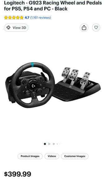 Logitech G923 Racing Wheel and Pedals for PS5, PS4, PC, Mac, TRUEFORCE up to 1000 Hz Force Feedback - Black