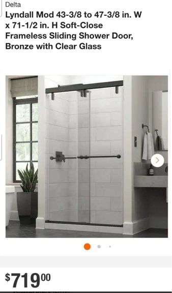 Delta Lyndall Mod 43-3/8 to 47-3/8 in. W x 71-1/2 in. H Soft-Close Frameless Sliding Shower Door, Bronze with Clear Glass