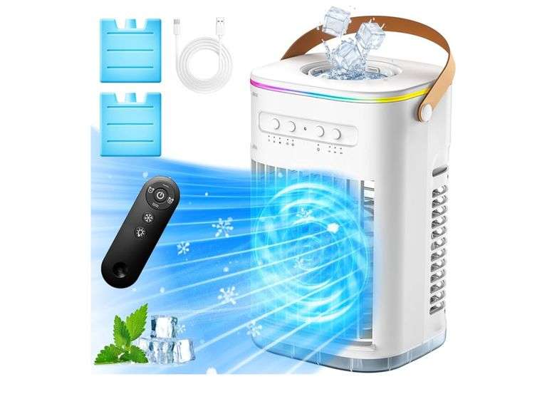 FANCOLE 4-IN-1 Small Air Conditioner w/ 2 Ice Packs, 16.5ft Remote, 1200ML Tank, 7H Smart Timer, 3Speed & 2Cool Mist Personal Air Conditioner, 7-Color Light Portable AC Unit for Bedroom Cover 100Sq.ft