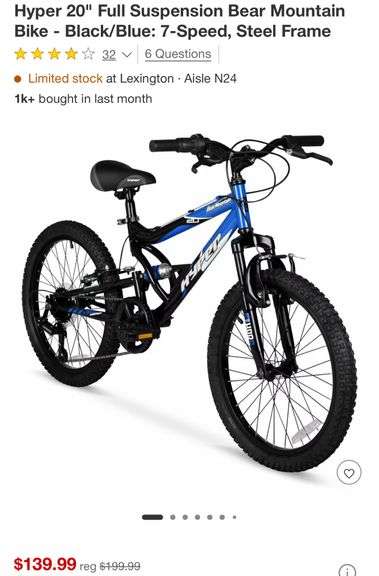 Hyper 20" Full Suspension Bear Mountain Bike - Black/Blue: 7-Speed, Steel Frame