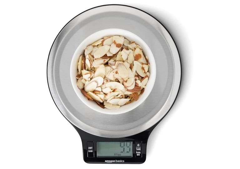 Amazon Basics Digital Kitchen Scale with LCD Display, Batteries Included, Weighs up to 11 pounds, Black and Stainless Steel
