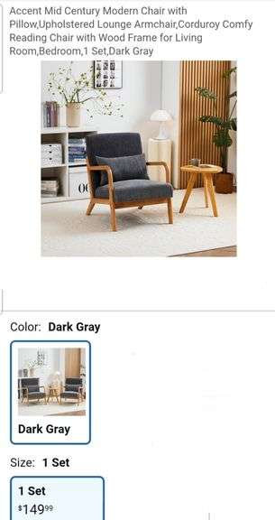 Accent Mid Century Modern Chair with Pillow,Upholstered Lounge Armchair,Corduroy Comfy Reading Chair with Wood Frame for Living Room,Bedroom,1 Set,Dark Gray
