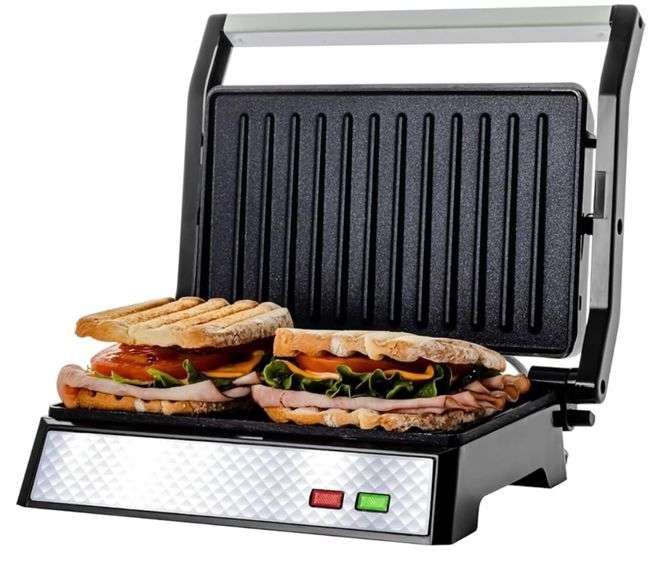 OVENTE Electric Indoor Panini Press Grill and Sandwich Maker with Non-Stick Coated Plates, Cool-Touch Handle and Removable Drip Tray, Opens 180 Degrees to Fit Any Type or Size of Food, Silver GP0540BR
