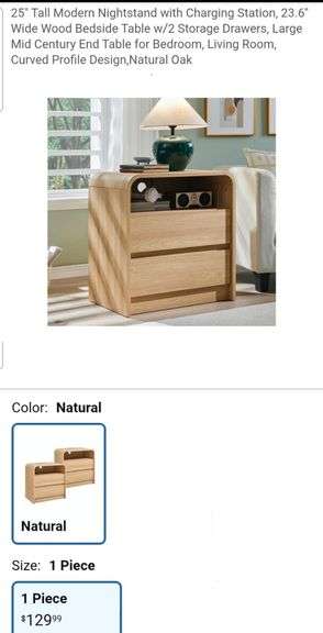 25" Tall Modern Nightstand with Charging Station, 23.6'' Wide Wood Bedside Table w/2 Storage Drawers, Large Mid Century End Table for Bedroom, Living Room, Curved Profile Design,Natural Oak