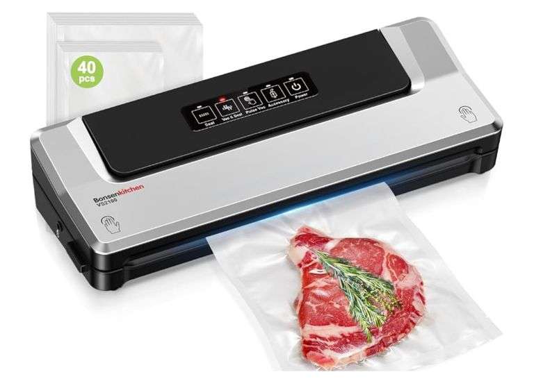 Bonsenkitchen Vacuum Sealer Machine with 40 Bags | Compact Food Sealer for Kitchen Storage & Meal Prep | Multiple Modes​​ | External Vacuum System, Silver​​