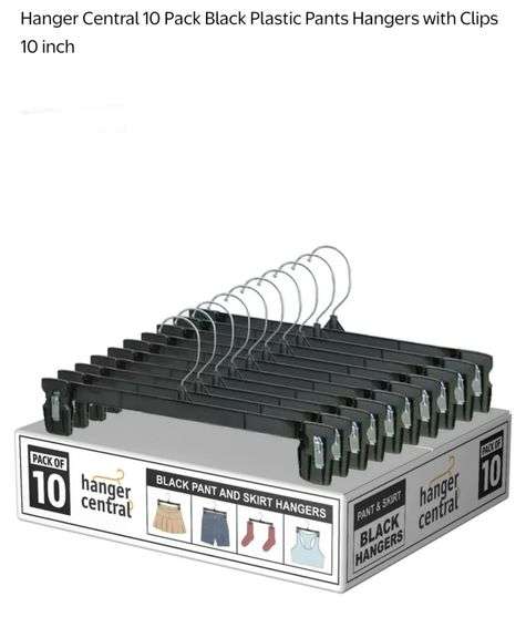 Hanger Central 10 Pack Black Plastic Pants Hangers with Clips 10 inch