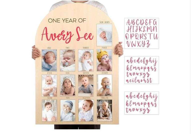 Leinuosen 33 x 22 Inch My First Year Photo Board 12 Monthly Picture Frame with DIY Name Felt Letters 1st Birthday Decorations Gifts for Boy Girl Newborn Keepsake, Fits 4 x 6 Photos(Pink,Girl)