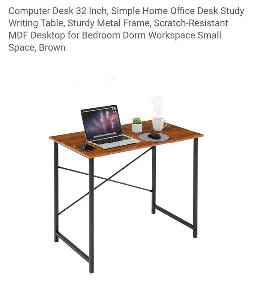 Computer Desk 32 Inch, Simple Home Office Desk Study Writing Table, Sturdy Metal Frame, Scratch-Resistant MDF Desktop for Bedroom Dorm Workspace Small Space, Brown
