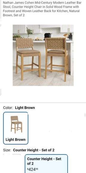 Nathan James Cohen Mid-Century Modern Leather Bar Stool, Counter Height Chair in Solid Wood Frame with Footrest and Woven Leather Back for Kitchen, Natural Brown, Set of 2