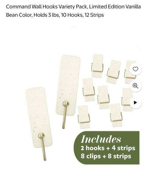 Command Wall Hooks Variety Pack, Limited Edition Vanilla Bean Color, Holds 3 lbs, 10 Hooks, 12 Strips