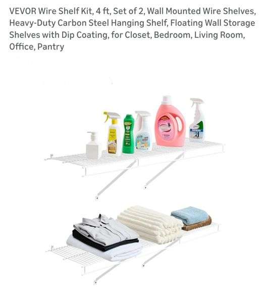 VEVOR Wire Shelf Kit, 4 ft, Set of 2, Wall Mounted Wire Shelves, Heavy-Duty Carbon Steel Hanging Shelf, Floating Wall Storage Shelves with Dip Coating, for Closet, Bedroom, Living Room, Office, Pantry