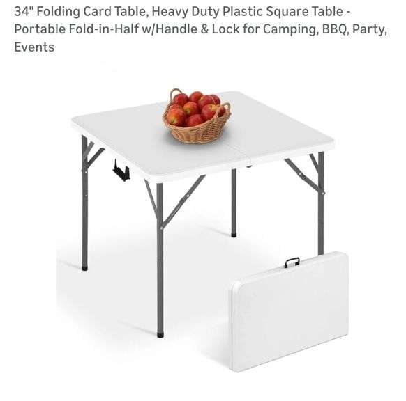 34" Folding Card Table, Heavy Duty Plastic Square Table - Portable Fold-in-Half w/Handle & Lock for Camping, BBQ, Party, Events