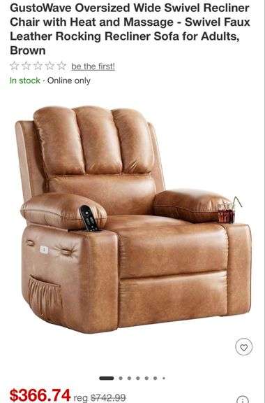 GustoWave Oversized Wide Swivel Recliner Chair with Heat and Massage - Swivel Faux Leather Rocking Recliner Sofa for Adults, Brown