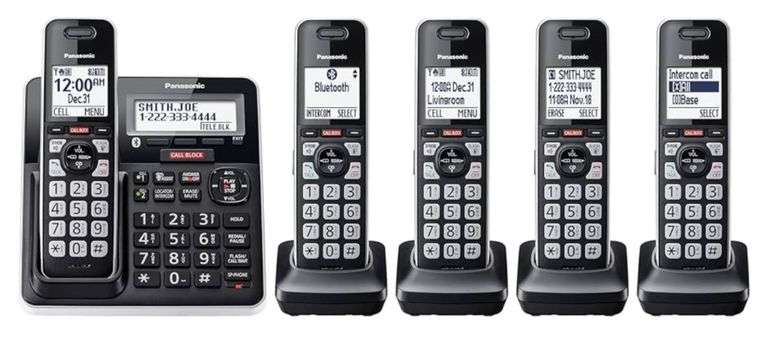 Panasonic Cordless Phone with Advanced Call Block, Link2Cell Bluetooth, One-Ring Scam Alert, and 2-Way Recording with Answering Machine, 5 Handsets - KX-TGF975B (Black with Silver Trim)