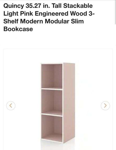 Quincy 35.27 in. Tall Stackable Light Pink Engineered Wood 3-Shelf Modern Modular Slim Bookcase