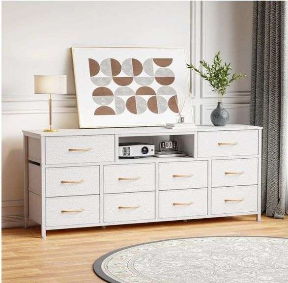 Furnulem 55” Long Dresser for Bedroom, TV Stand for 55 to 65 inch TV, White Dresser with 10 Fabric Drawers, Chest of Drawer for Closet, Entertainment Center with Power Outlet