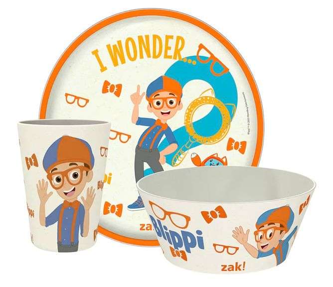 Zak Designs Blippi Kids Dinnerware Set 3 Pieces, Durable and Sustainable Melamine Bamboo Plate, Bowl, and Tumbler are Perfect For Dinner Time With Family (Blippi, TABBS)