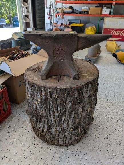 Antique Fisher Eagle Anvil, Goloff Sledge and Oak Stump