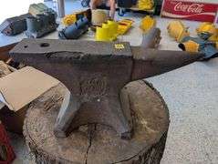 Antique Fisher Eagle Anvil, Goloff Sledge and Oak Stump