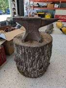 Antique Fisher Eagle Anvil, Goloff Sledge and Oak Stump