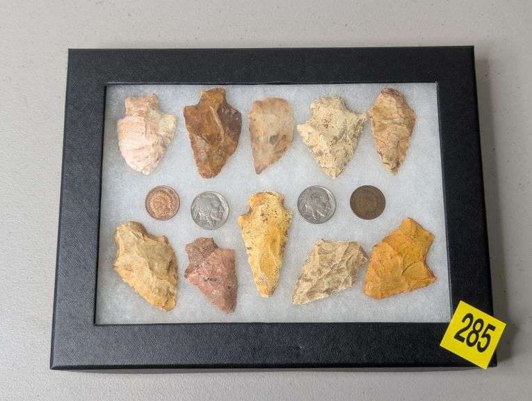 Collection of 10 Arrowhead Points in Display Case