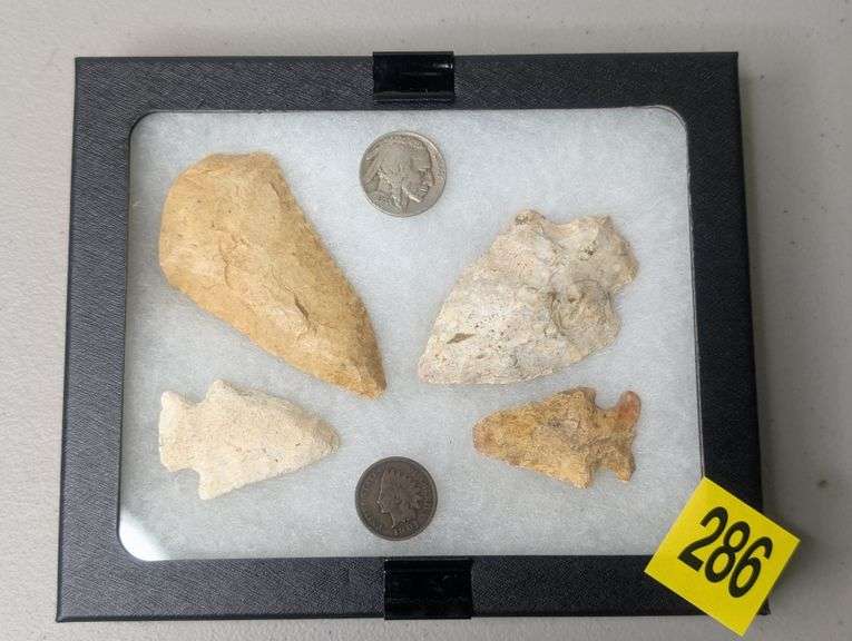 Collection of 4 Arrowhead Points in Display Case