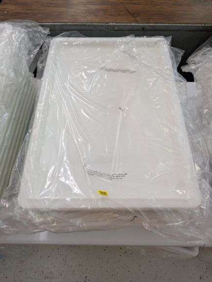 Lot of three 18" x 26" white plastic deep pans with lids