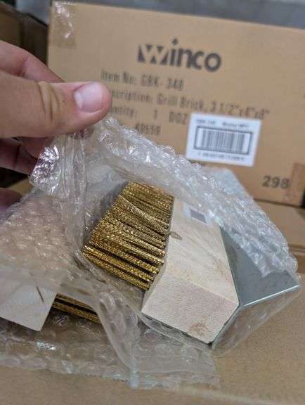 Lot of 36 Winco grill bricks and two 8" brass brush/scrapers