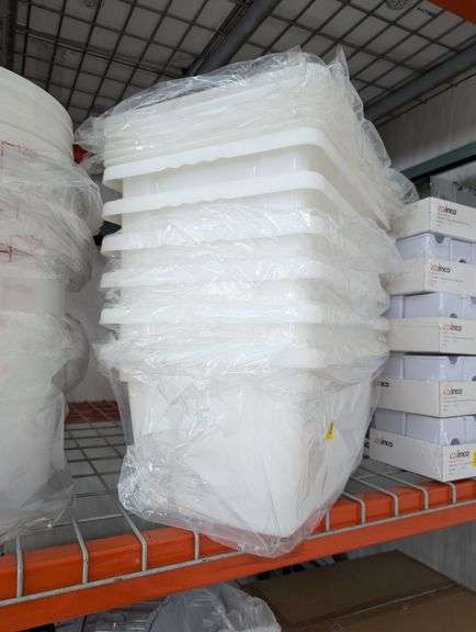 Lot of six white food storage boxes