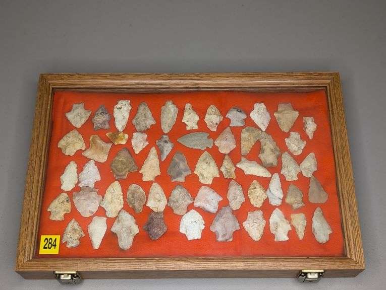 Collection of 53 Arrowhead Points in Display Case