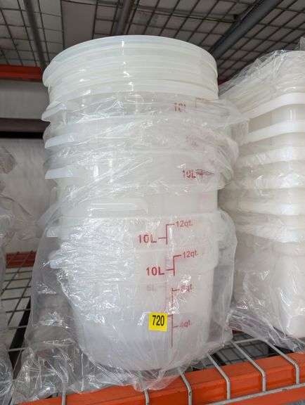 Lot of six 12 quart measuring buckets with lids