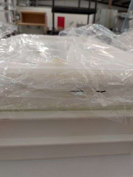 Lot of three 18" x 26" white plastic deep pans with lids
