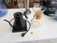 lot of electric gooseneck kettle, and glass pour over coffee caraffe