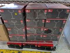 Large lot of 27 boxes of Aria 33 wine glasses.
