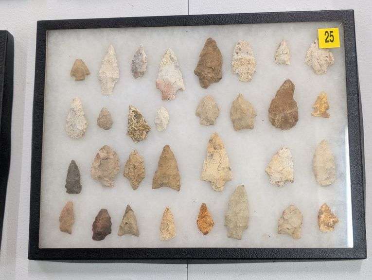 Collection of 31 arrowhead points in 12x16 riker display