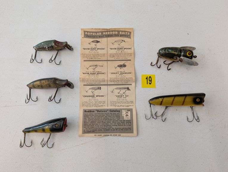 Lot of 5 Vintage Wooden Heddon Lures with Pamphlet