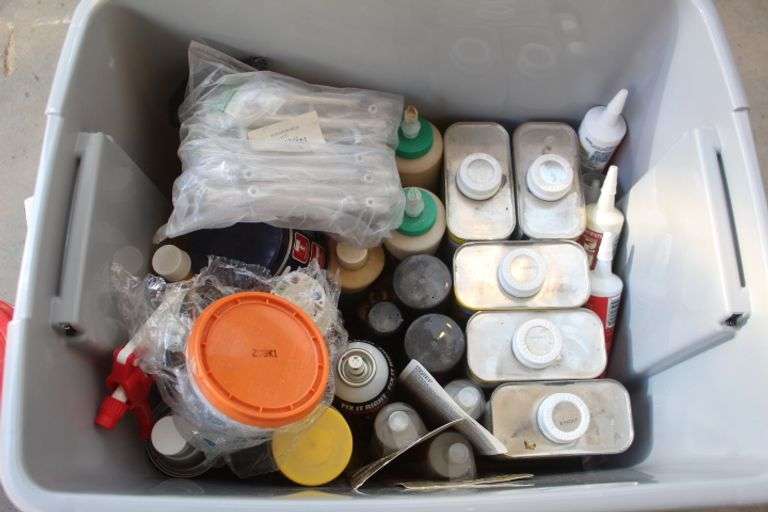Tote of wood glue & mineral spirits Lee Real Estate & Auction Service
