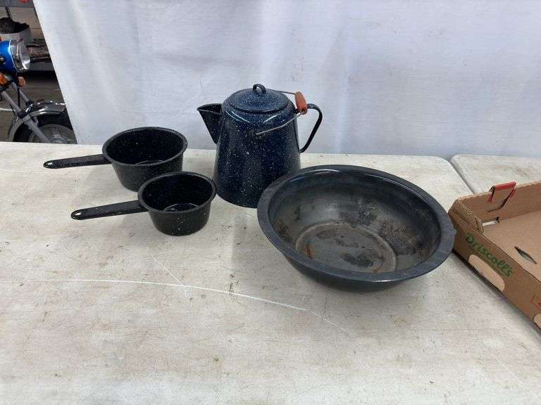 Enamel Coffee Pot & (2) Cooking Pots