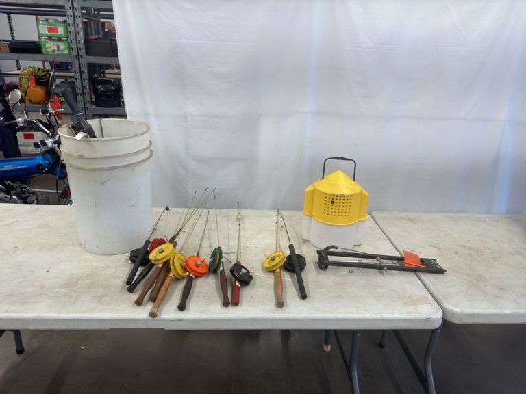 Ice Fishing Poles, Minnow Bucket & Tip Up