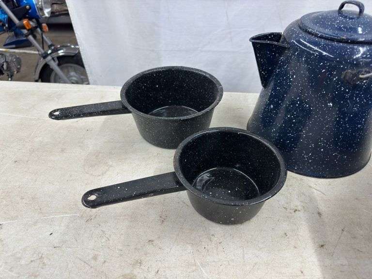 Enamel Coffee Pot & (2) Cooking Pots