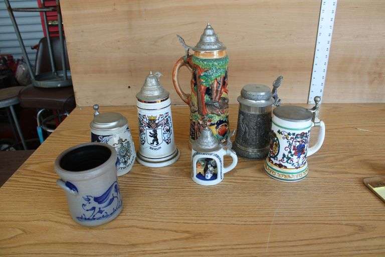 Collection of beer steins & sm. crock