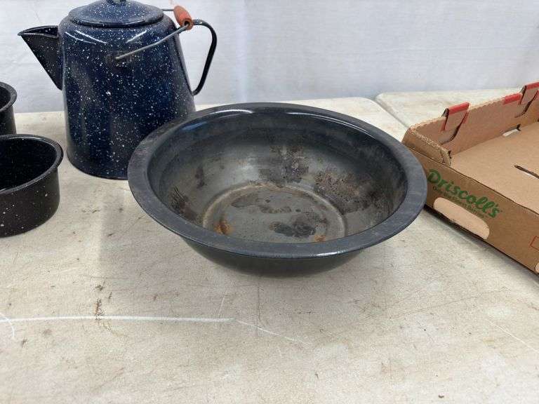 Enamel Coffee Pot & (2) Cooking Pots