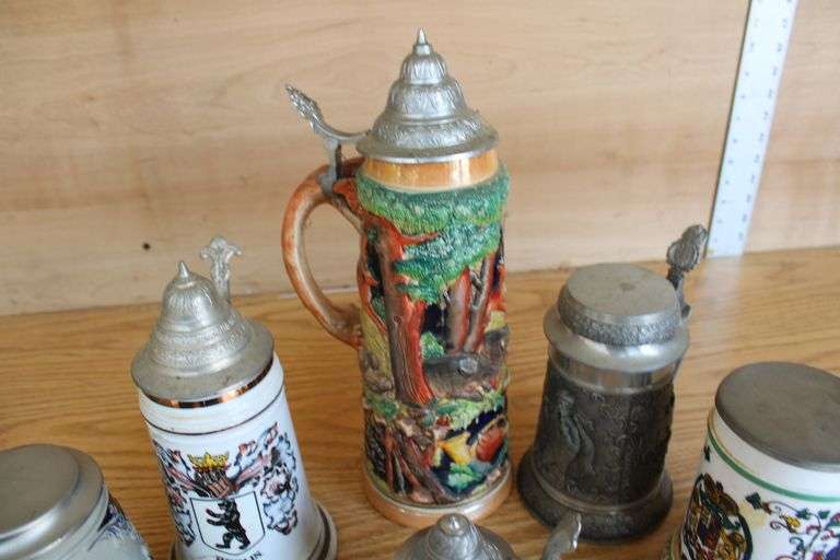 Collection of beer steins & sm. crock